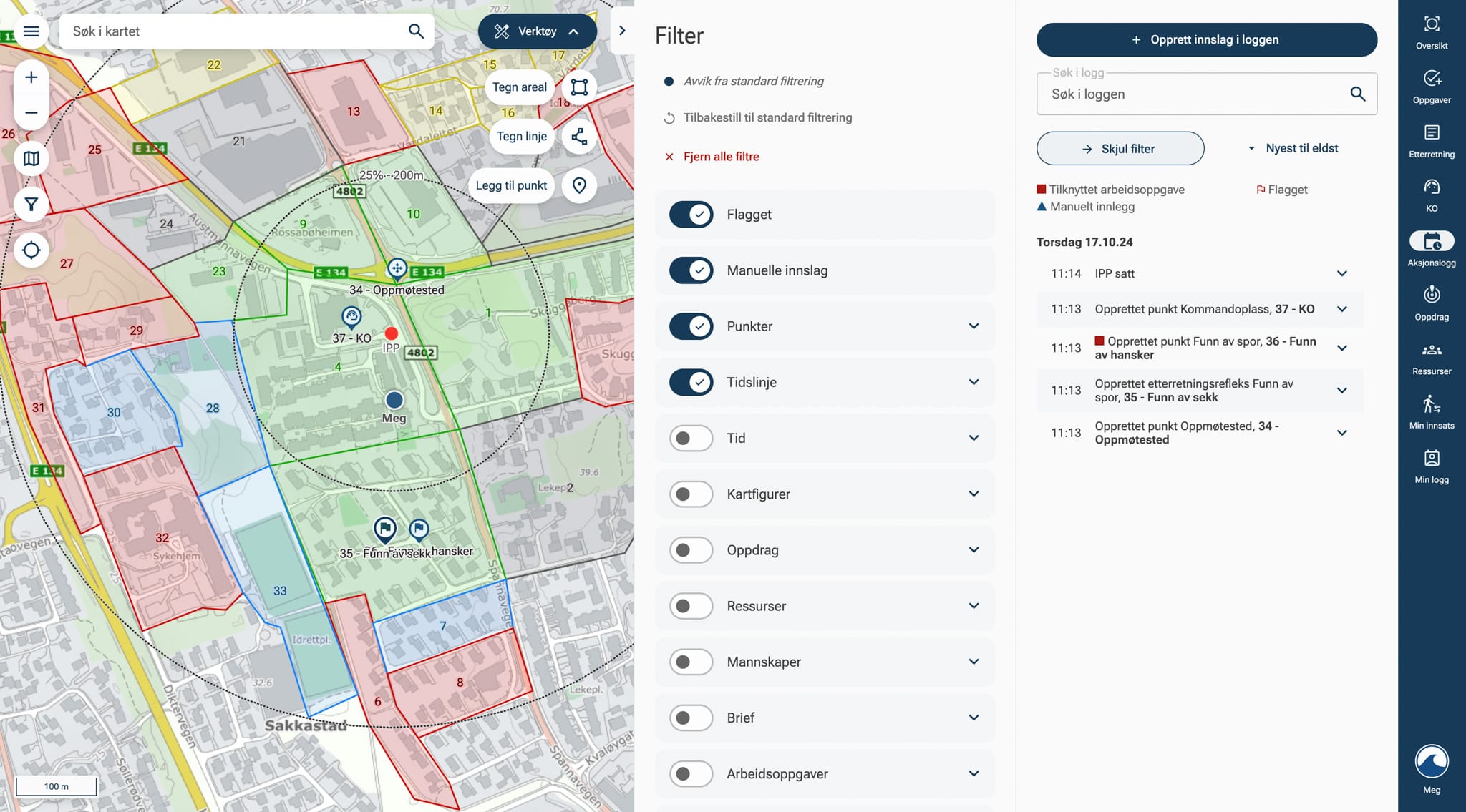 Skjermdump av aksjonsstøtteverktøy