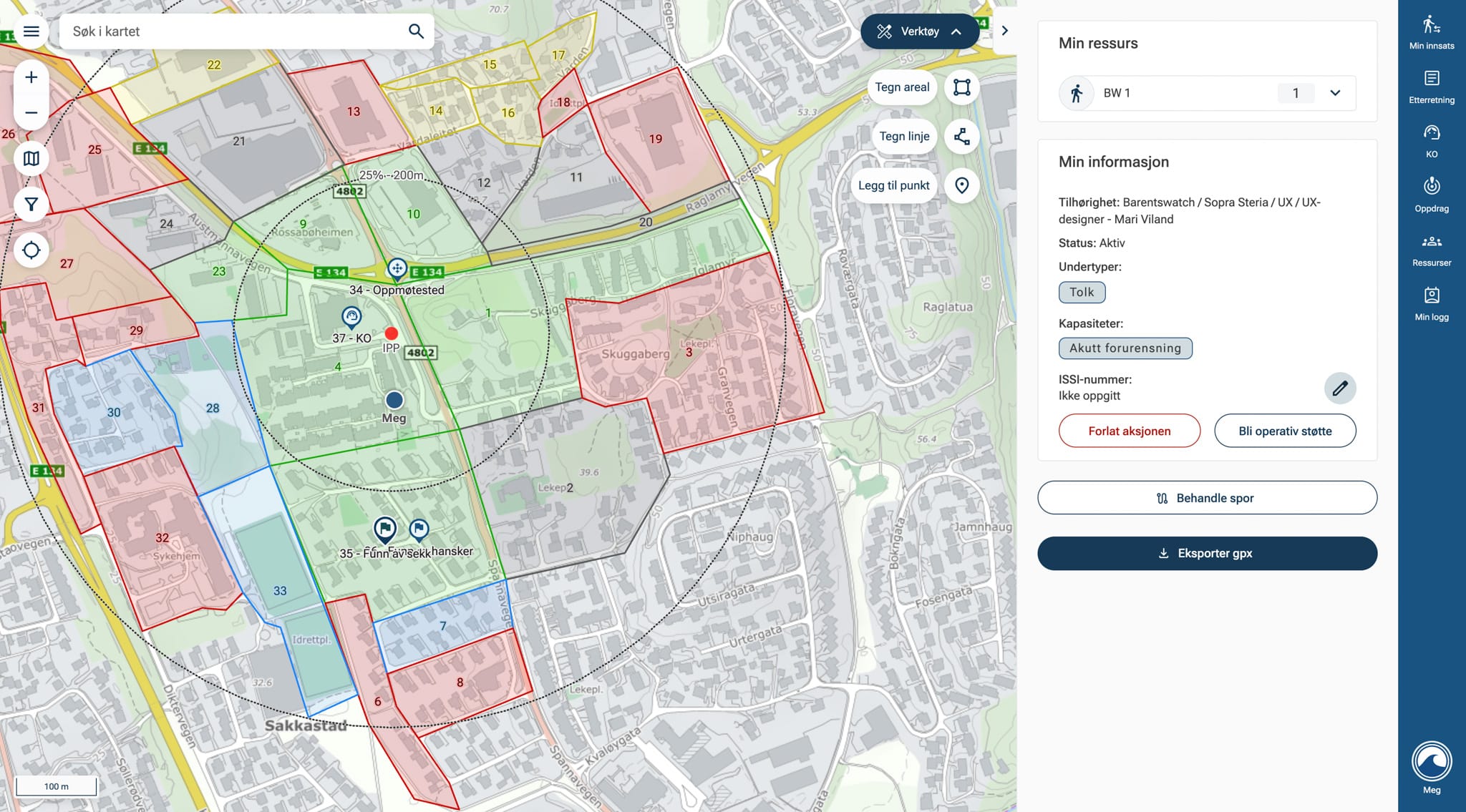 Skjermdump av aksjonsstøtteverktøy
