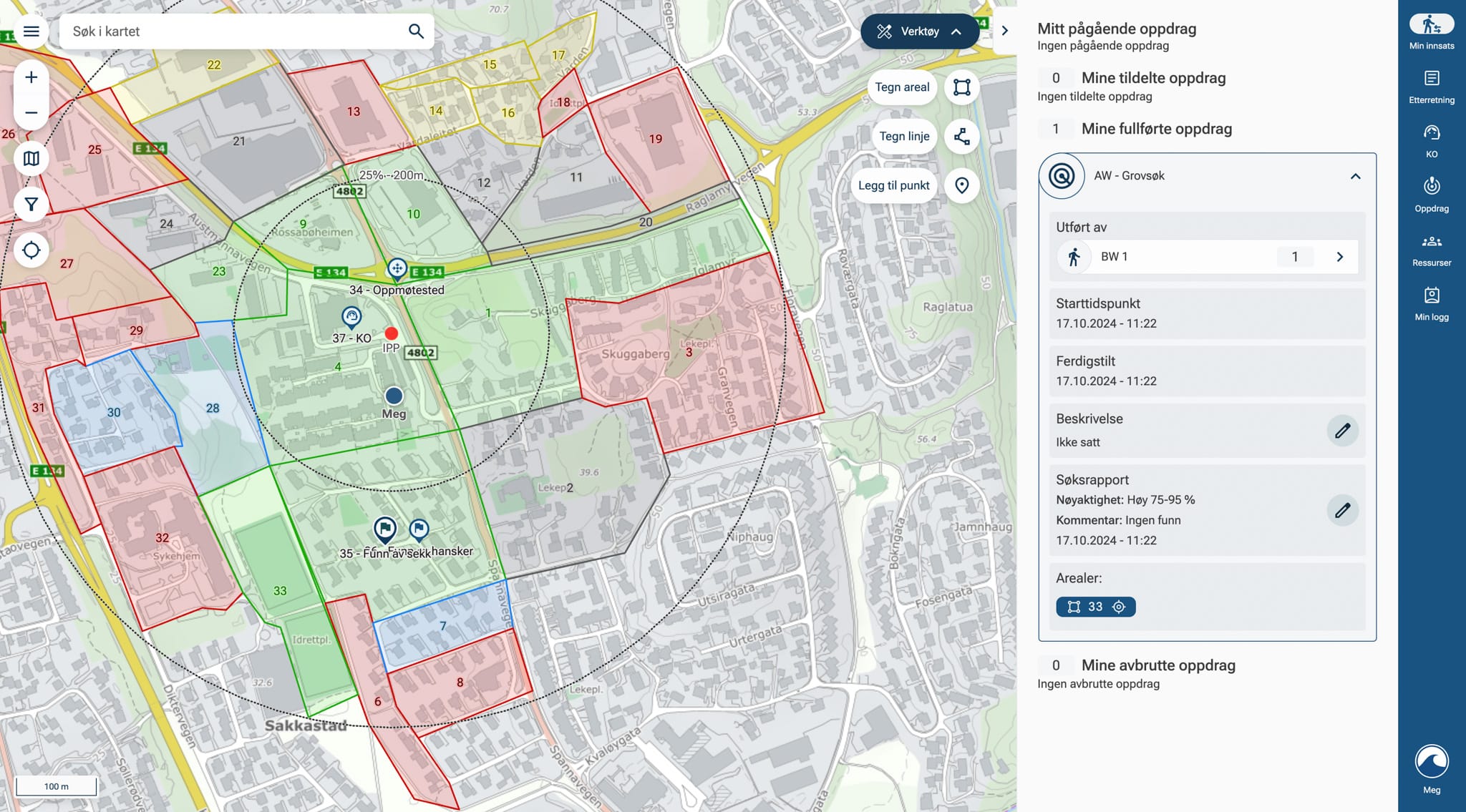 Skjermdump av aksjonsstøtteverktøy